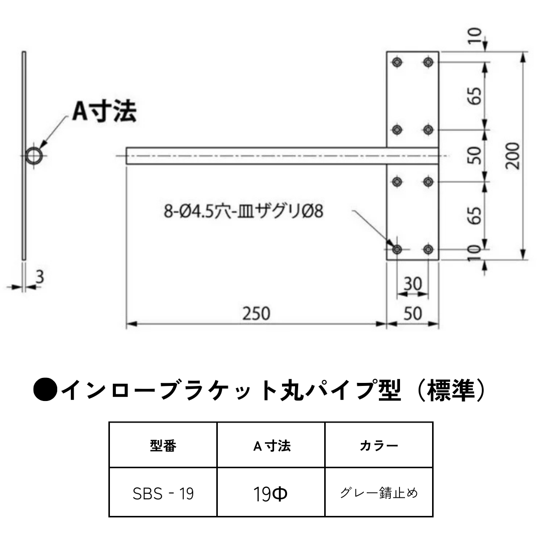 棚受け金具 カウンター 受け金具 補強金物 インローブラケット丸パイプ19ミリ