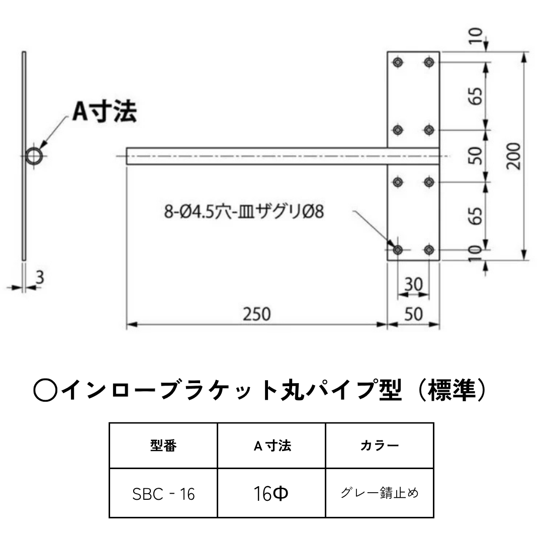 棚受け金具 カウンター 受け金具 補強金物 インローブラケット丸パイプ16ミリ